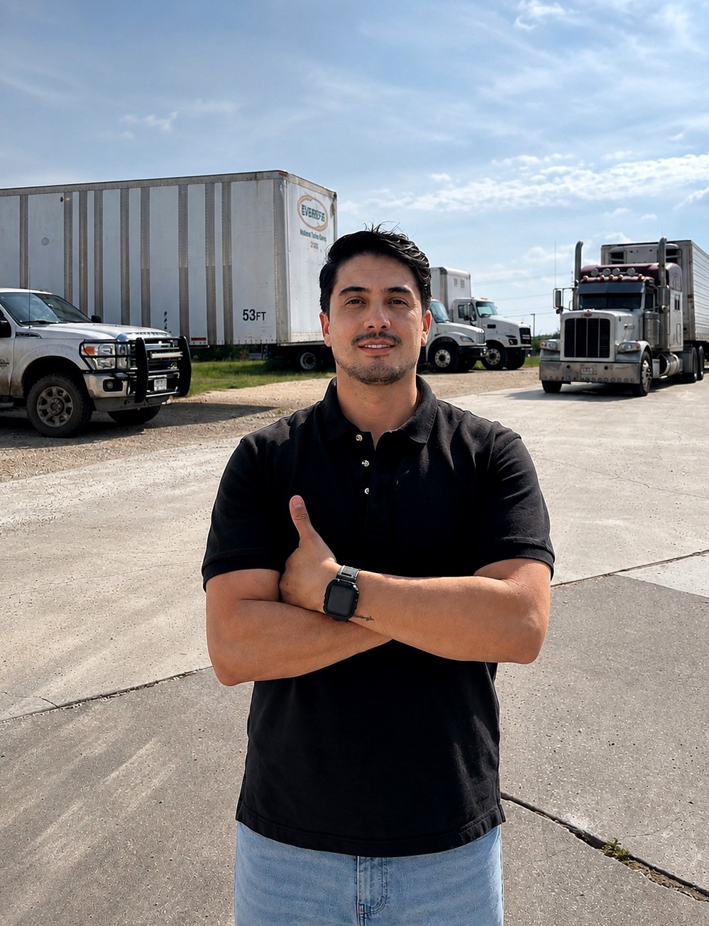 Juan Ojeda, founder of J.O. Dispatch & Freight Services, standing in a truck yard